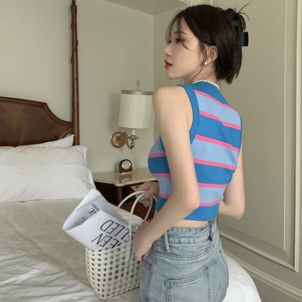 Áo dệt kim ZHELIHANGFEI không tay kẻ sọc gợi cảm thời trang