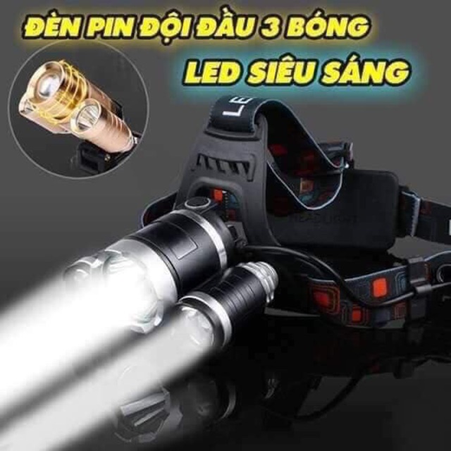 ĐÈN PIN ĐỘI ĐẦU 3 BÓNG LED SIÊU SÁNG KÈM 2 PIN + SẠC