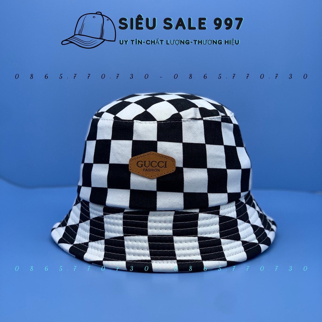 NÓN BUKET CARO TRẮNG ĐEN LOGO DA GC SIÊU ĐẸP FULL TEM MÁC GC THỜI TRANG NAM NỮ
