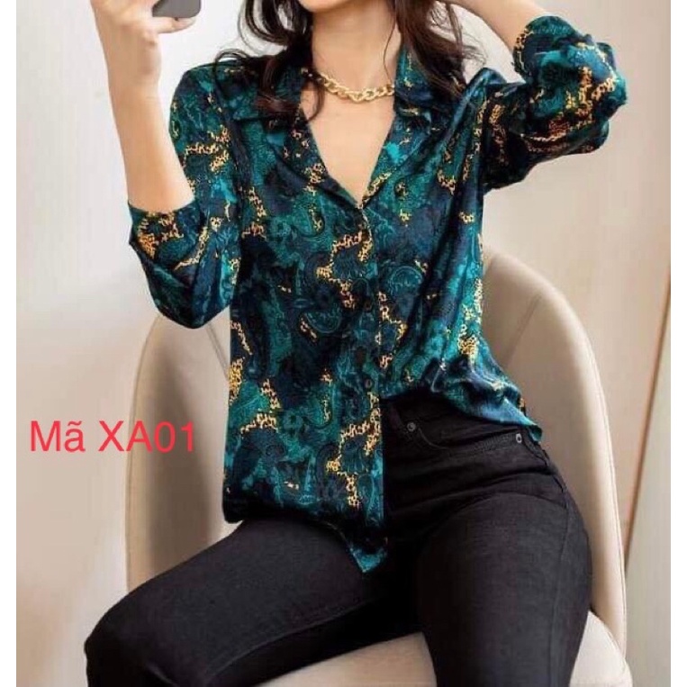 Áo Sơ Mi Nữ Tay Dài lụa Satin⚡️ màu xanh hoạ tiết ✅phôm dài XA01