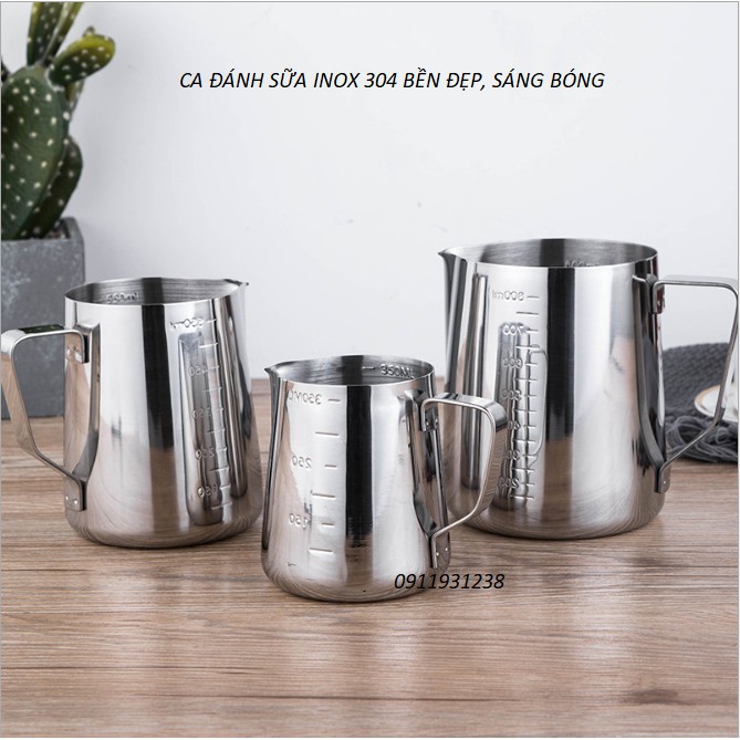 Ca inox đánh sữa (có vạch chia) 350ml - 550ml - 900ml (hàng hịn)