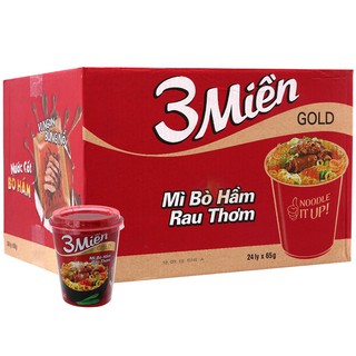Mì 3 Miền Gold bò hầm rau thơm thùng 24 ly 65g