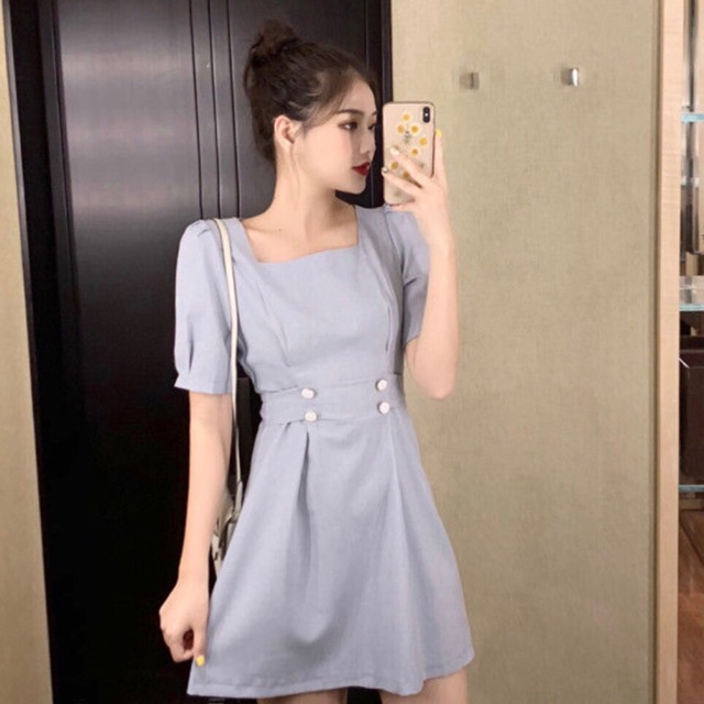 Đầm váy xám 4 nút thắt eo (kèm hình thật)