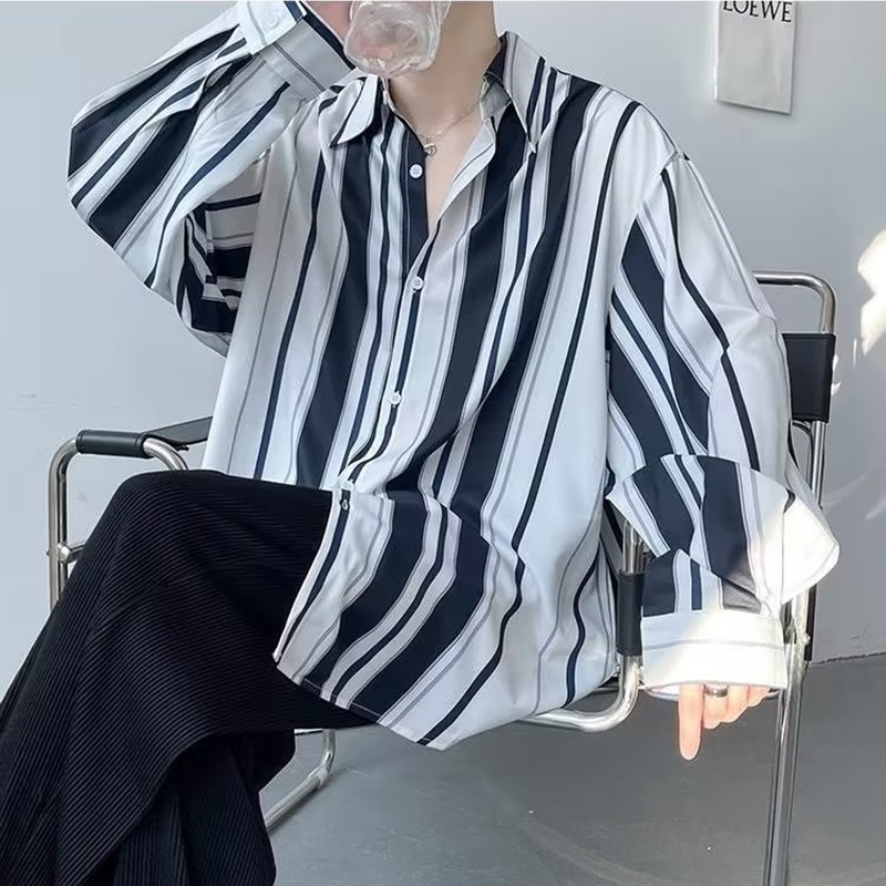 Áo Sơ Mi Tay Dài Dáng Rộng Họa Tiết Kẻ Sọc Thời Trang Mùa Hè Phong Cách Hàn Quốc Cho Nam Size M-2XL