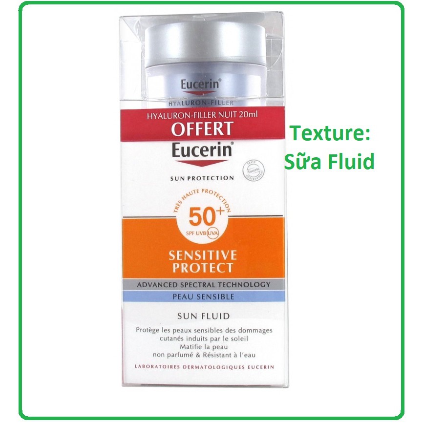 Kem chống nắng EUCERIN SENSITIVE SPF50+ kèm Kem dưỡng da ban đêm EUCERIN Hyaluron-Filler Nuit