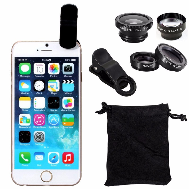 4 trong 1 camera lens kit 2X ống kính tele 180 Fisheye Cá mắt + Macro + 0.67X Wide angle Lens cho iphone 6 Samsung HTC