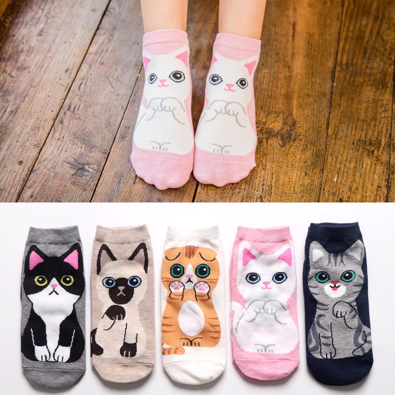 Vớ Cotton Cổ Thấp Chống Trượt Thoáng Khí In Hình Mèo Hoạt Hình Phong Cách Hàn Quốc Cho Nữ