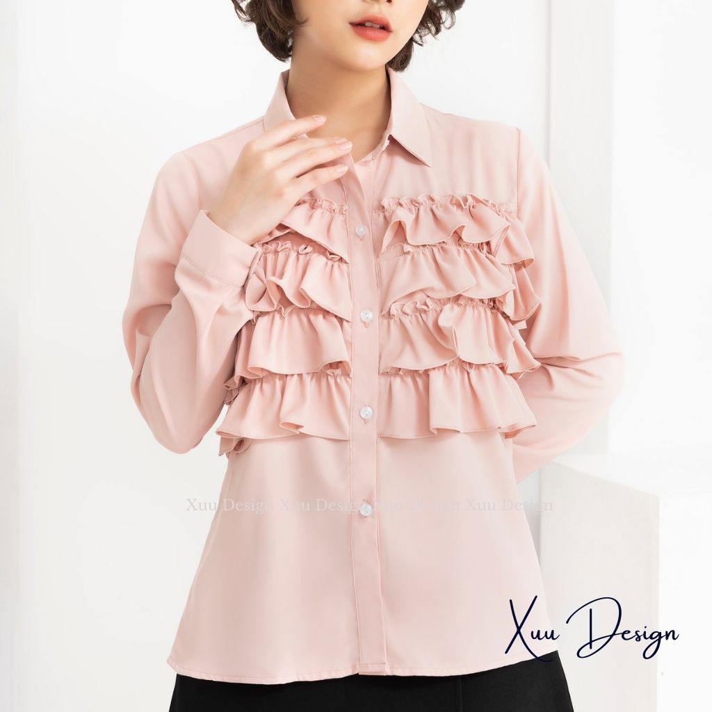 Áo kiểu nữ dài tay Xuu Design Áo nữ phối bèo ngực dài tay thời trang