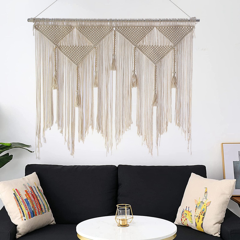 Rèm Macrame Treo Tường Đan Sợi Màu Trắng Be Tua Rua Trang Trí Phông Nền Nhà Cửa (Không Bao Gồm Thanh Gỗ)