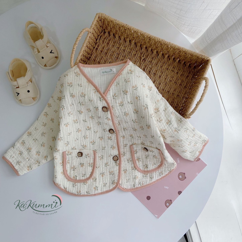 Áo khoác cardigan xô muslin 4 lớp  bé trai gái   6-14kg, áo khoác cổ tim unisex trẻ em AK125 Kakummi