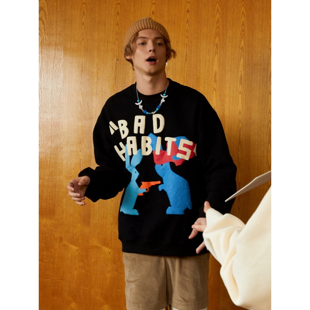 Áo Sweater In Chữ BAD HABIT Phối Màu Siu Xinh,Hình Độc Đáo Phong Cách Cá Tính Trẻ Trung Năng Động