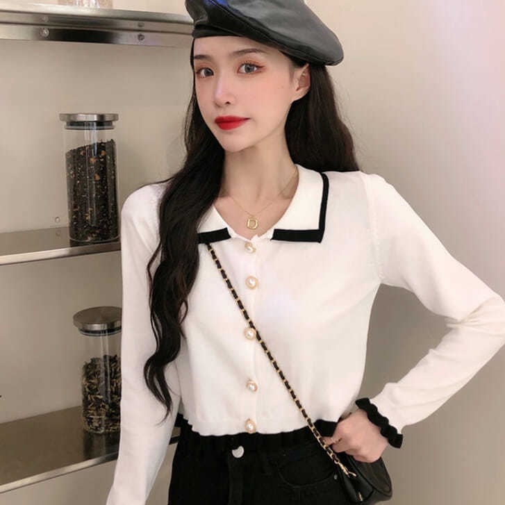Áo Khoác Cardigan Dệt Kim Tay Dài Cổ Búp Bê Phong Cách Mới