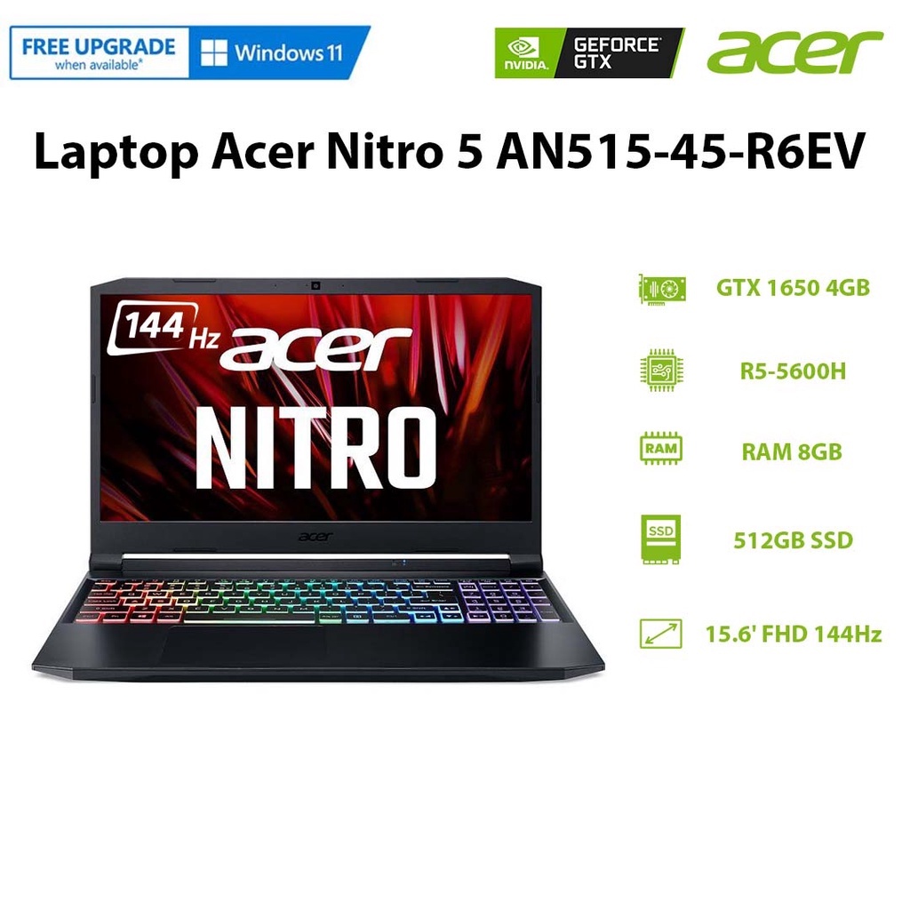 Laptop Acer Nitro 5 AN515-45-R6EV (R5-5600H | 8GB | 512GB | GeForce® GTX 1650 4GB | 15.6' FHD 144Hz | Win 11)