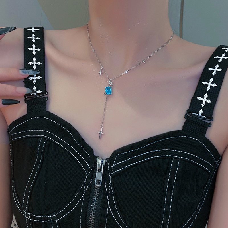 Vòng cổ Đính Đá Zircon Xanh Dương Thiết Kế Đơn Giản Tinh Tế