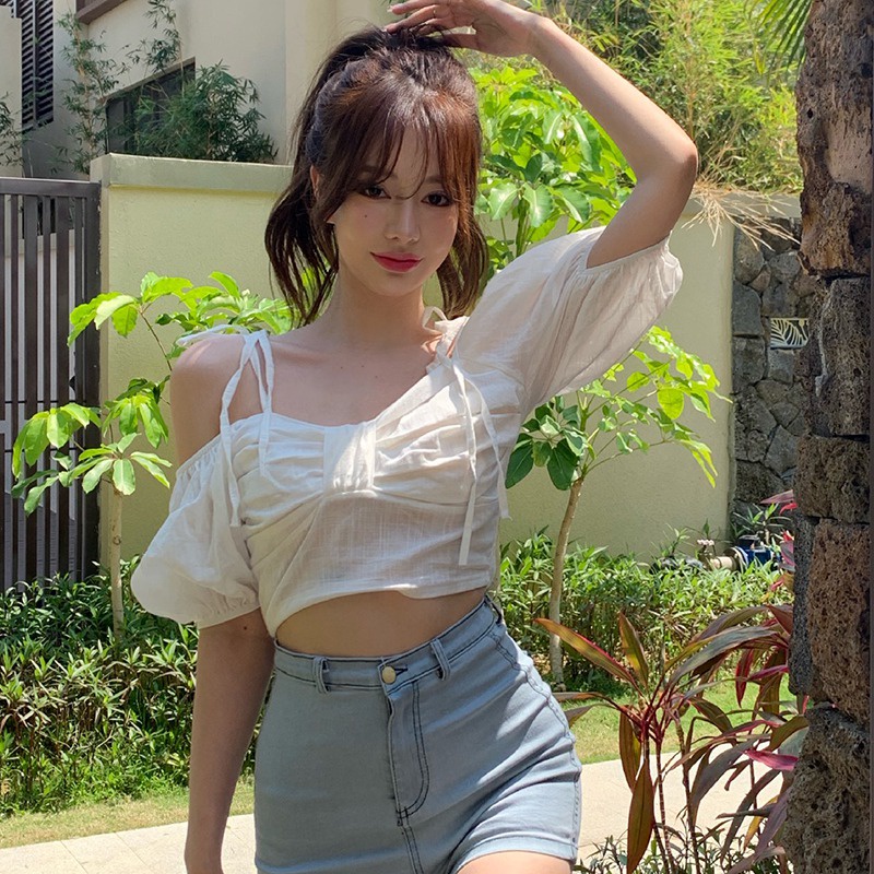 Áo Sơ Mi Trễ Vai Tay Ngắn Cột Dây Thời Trang Quyến Rũ Dành Cho Nữ