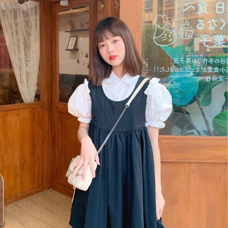 Set Áo Sơ Mi Tay Phồng Cổ Búp Bê + Đầm Không Tay Xinh Xắn Thời Trang Cho Bé Gái