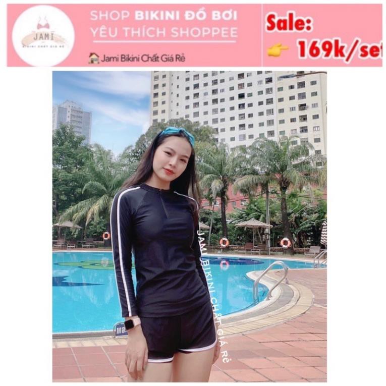 [Mã WASKT410K giảm 10K đơn 50K] đồ bơi bikini tay dài đen quần đùi kín đáo dây kéo đi tắm biển học sinh - ATD 4.1 Đẹp