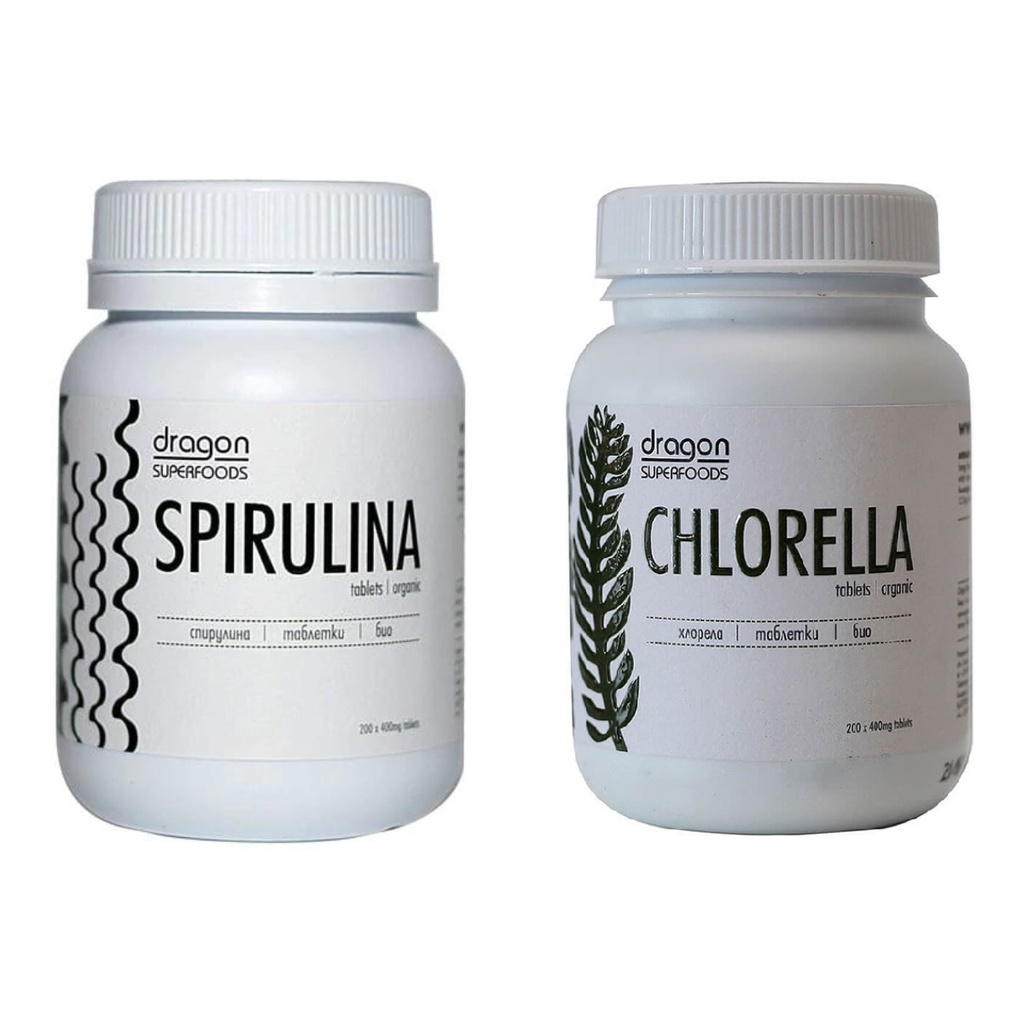 Tảo Spirulina và Chlorella hữu cơ dạng viên 80gr (200 tabsx400mg) - Dragon Superfoods