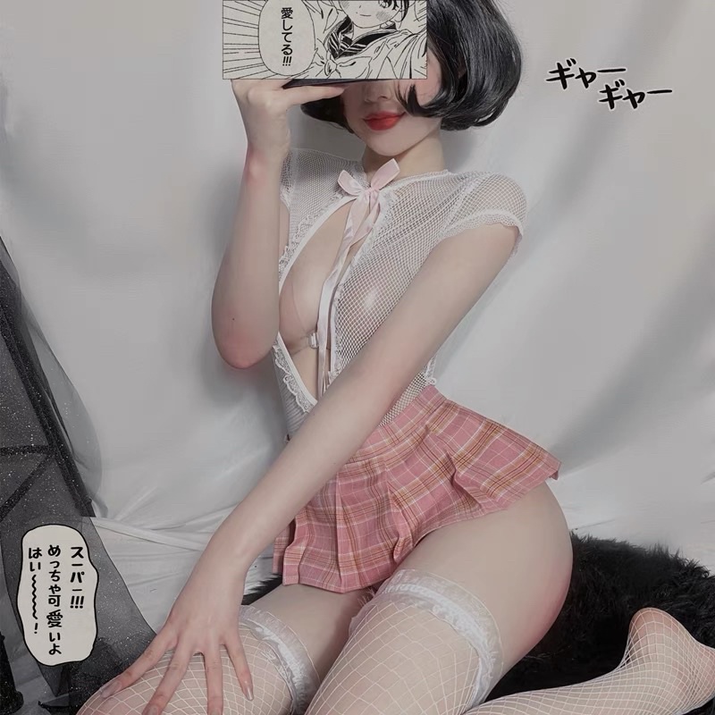 QR917 Fullset Chân Váy kẻ Nữ Sinh Kết Hợp Bodysuit Ren Lưới Mlem - Cosplay Sexy Phong Cách Học Sinh