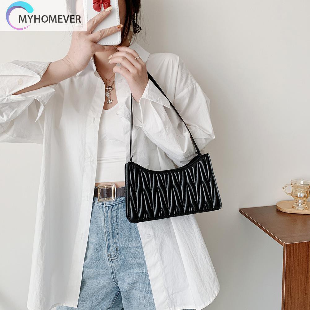 myhomever Fashion Women PU Solid Color Pleated Shoulder Underarm Bag Hobos Handbags