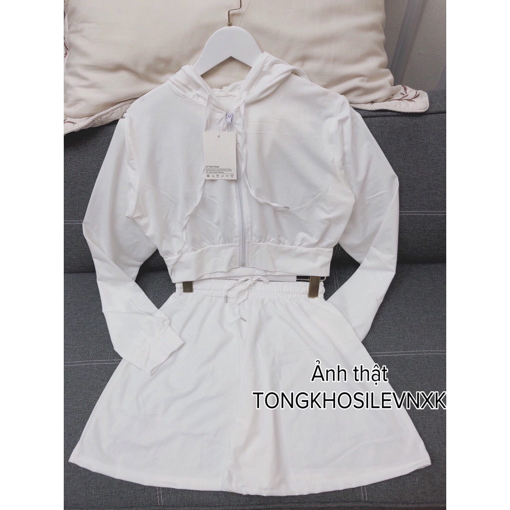 Set Áo Khoác Hoodie Dài Tay Croptop Mix Quần Short 4 Màu Đen Trắng Xanh Hồng - Set Đồ Bộ Ulzzang