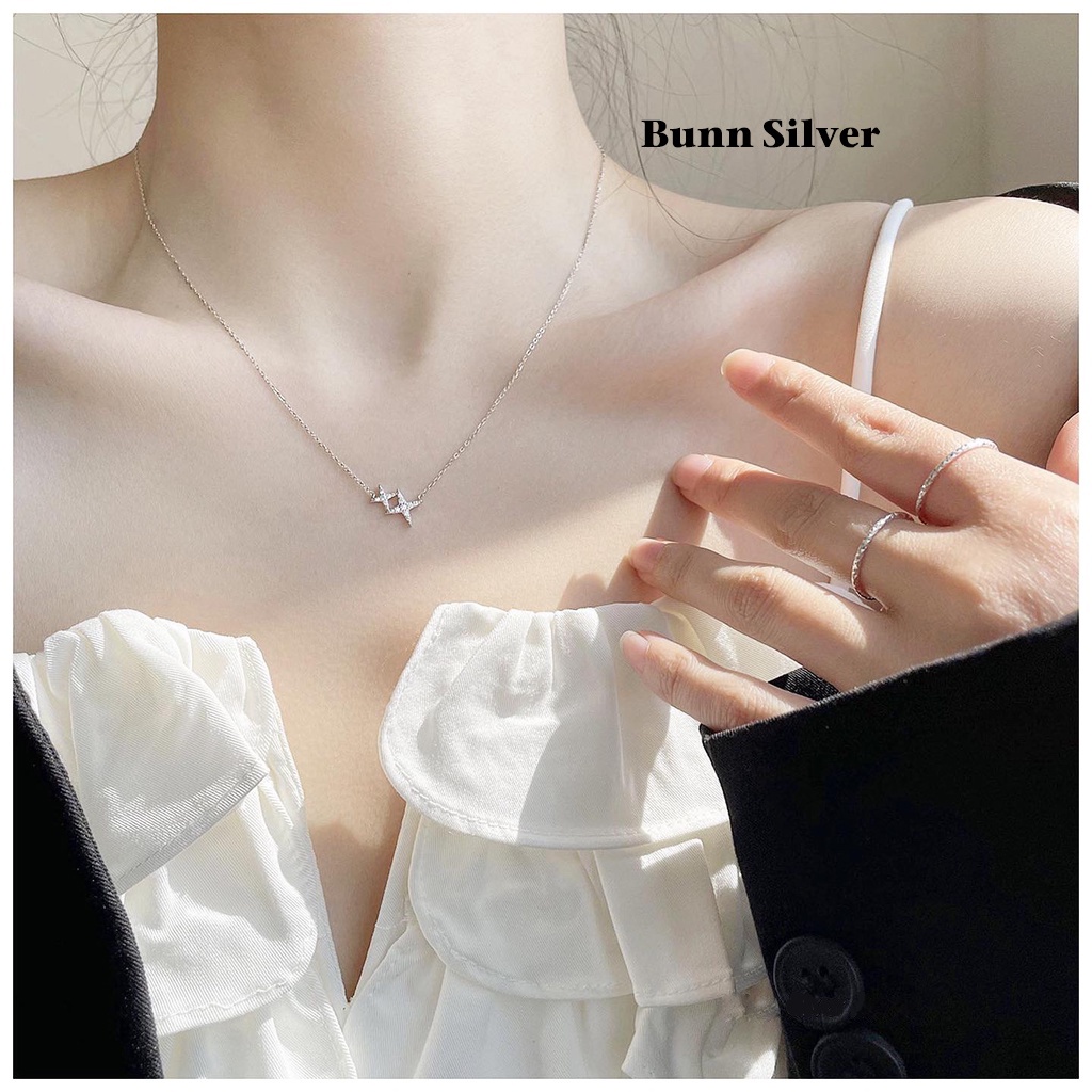 Dây chuyền nữ mặt hai ngôi sao đính đá, vòng cổ bạc Bunn Silver mặt Double Star độc lạ, trang sức bạc 925