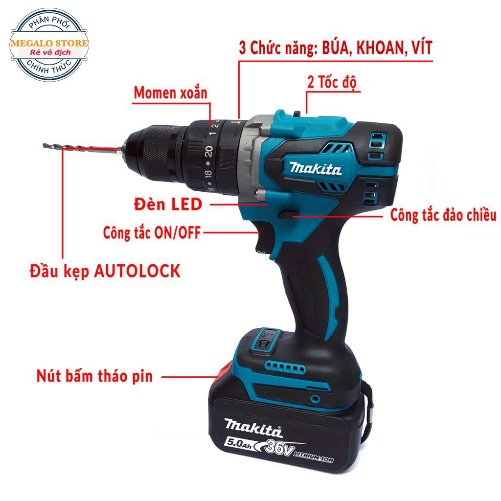 Máy khoan pin Makita 128V 3 chức năng, không chổi than, Motor 775, đầu Auto Lock - Tặng mũi khoan tường và mũi vít