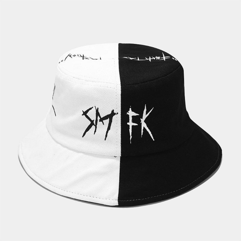 Xiangbao Mũ Bucket Cotton Chống Nắng Ngoài Trời Họa Tiết Graffiti Màu Khối Phong Cách Hip Hop