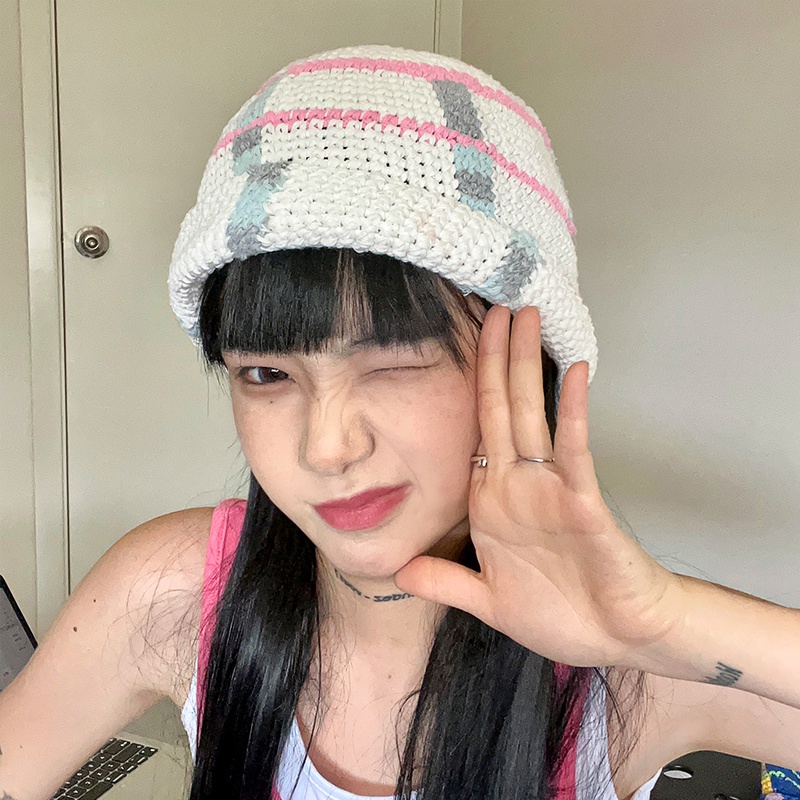 Mũ Bucket Dệt Kim Thủ Công Kẻ Sọc Ca Rô / Kẹo Ngọt Xinh Xắn Cho Nữ