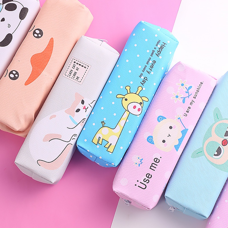 Túi đựng bút bằng da PU cỡ lớn chống thấm nước có khóa kéo in họa tiết hoạt hình động vật dễ thương
