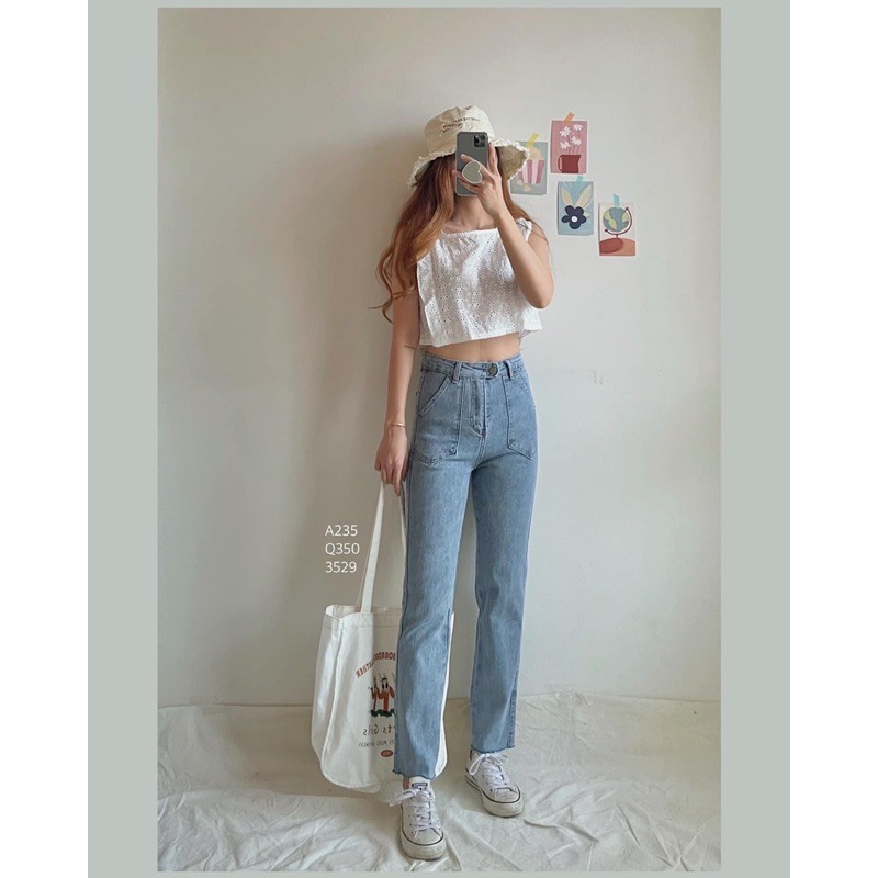 quần jeans ống đứng style ulzzang lưng ( cạp ) siêu cao, co giãn tốt