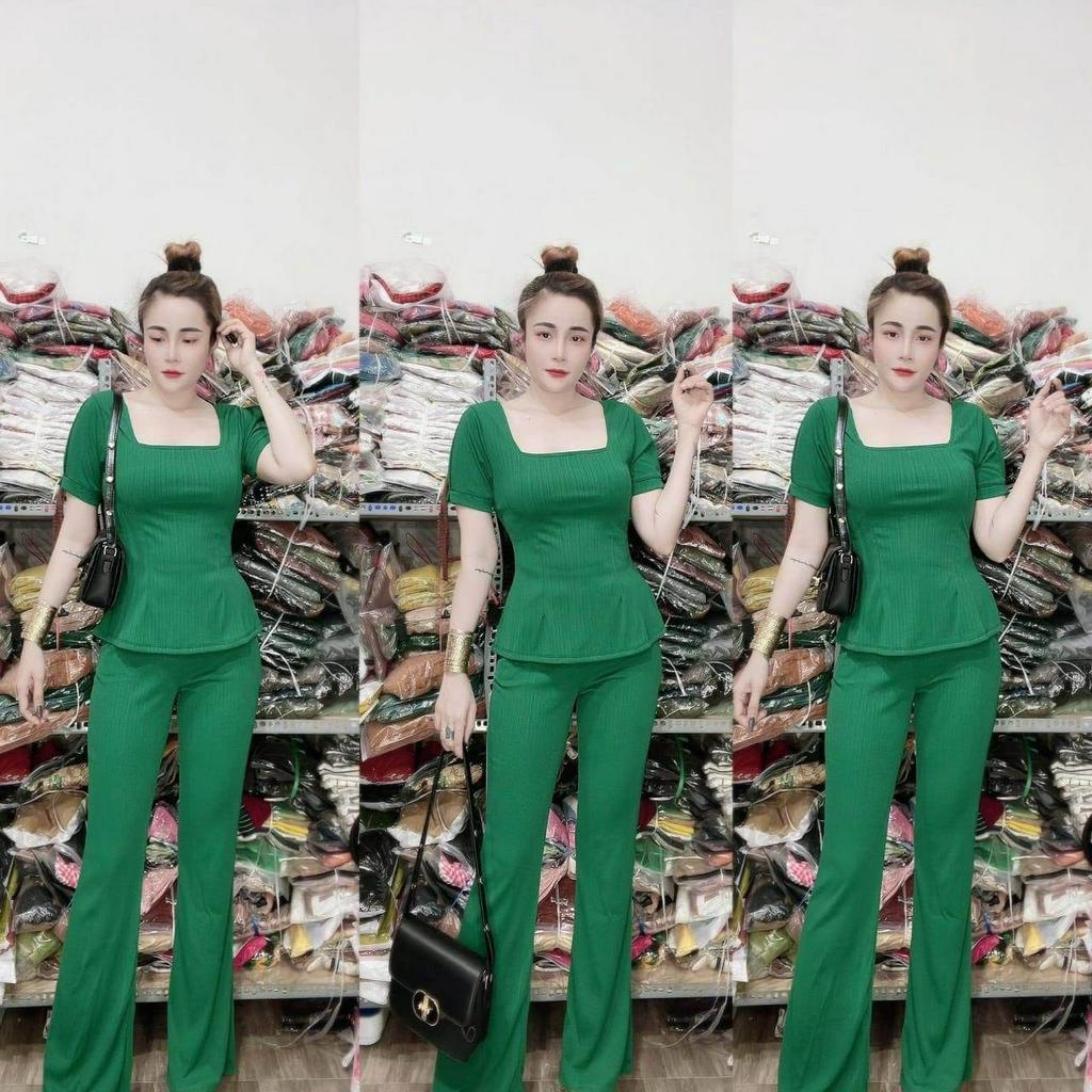 Đồ bộ nữ, set đồ bộ quần ống loe đai bản cạp cao có túi và áo ngắn tay lai bầu cổ vuông thun cotton gân, bộ đồ mặc nhà