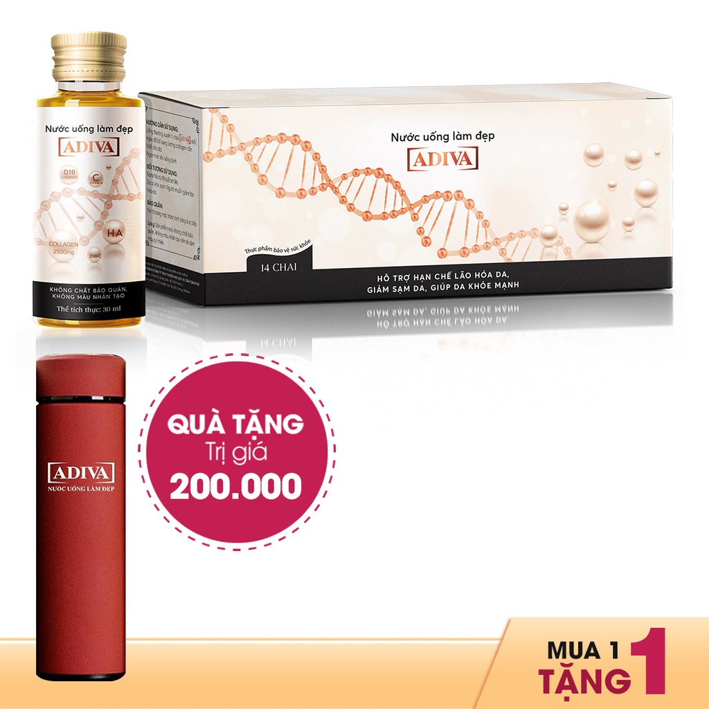 Nước uống làm đẹp Collagen Adiva 14chai x 30ml - quà tặng Bình giữ nhiệt ADIVA 500ml | Thế Giới Skin Care