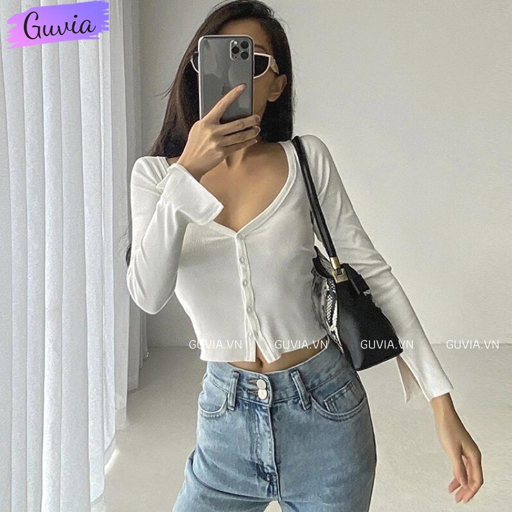 Áo Croptop CỔ TIM CÀI NÚT TAY DÀI Xẻ Nữ Chất Thun Gân Đẹp - GUVIA