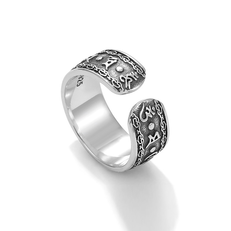 Nhẫn Nam Cổ điển Tiếng Tây Tạng Thay đổi vận may S925 được khắc bên trong Bạc Thái Phong cách Lớn NH-191