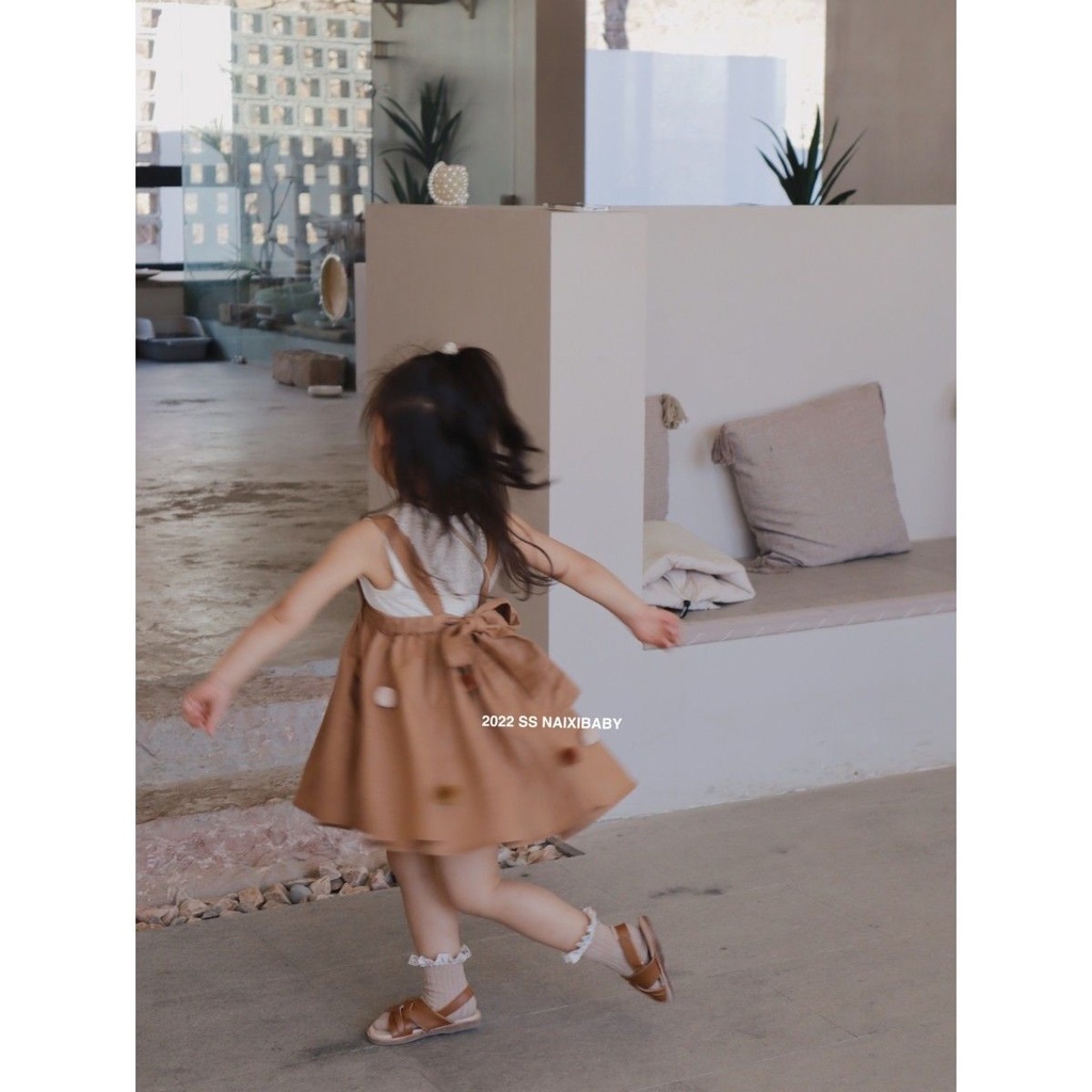 Đầm Hai Dây Mùa Hè Bằng Vải Lanh Và Cotton Có Dây Quả Bóng Đan Tay Mới Cho Bé Gái