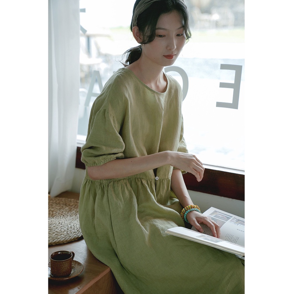 Đầm linen dáng suông thiết kế cúc cài chỉnh eo thời trang phong cách trẻ
