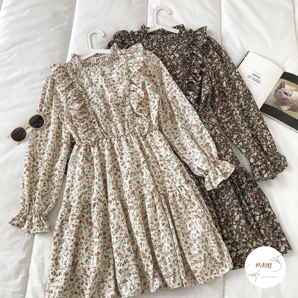 Váy hoa nhí vintage dáng xòe cổ tròn, Đầm hoa nhí vintage cổ tròn  viền bèo tiểu thư | BigBuy360 - bigbuy360.vn