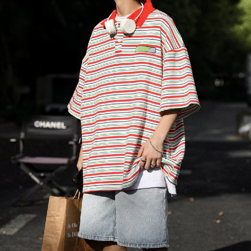 Áo Thun POLO Tay Ngắn Dáng Rộng Thoáng Khí In Họa Tiết Phong Cách hip hop Đường Phố Hàn Quốc Thời Trang Mùa Hè Cho Nam