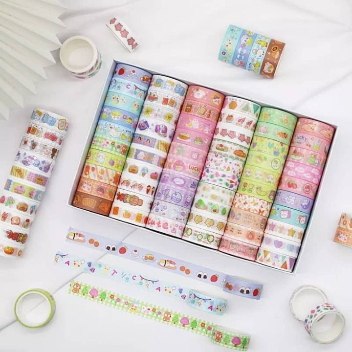 Hộp 60 Cuộn Băng Dính Washi Trang Trí Hoạt Hình Băng Keo Dán Sticker Trang Trí Cute Cho Bạn Gái Bé Gái
