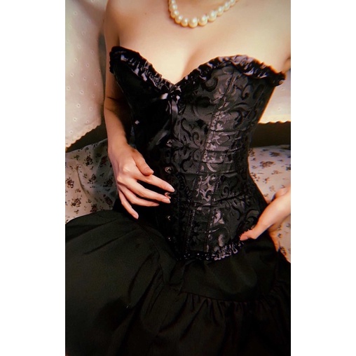 Vintage corset áo corset định hình chất liệu lụa in hoạ tiết hoa cổ điển