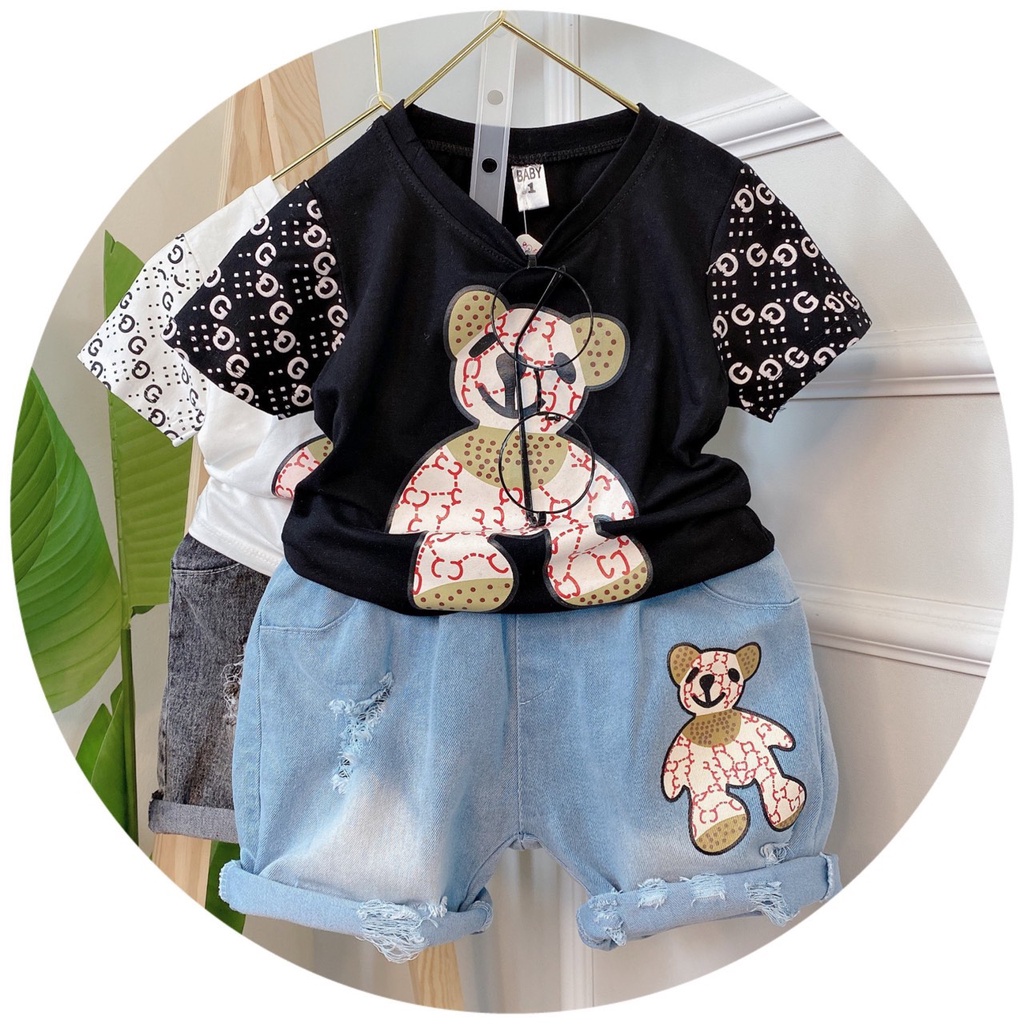 Áo cộc tay bé trai, set bộ áo gấu GC phối tay kèm quần short jean xịn sò cho bé