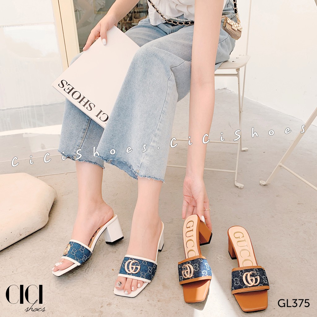 Giày cao gót CiCi Shoes 6cm, guốc quai vải khoá gót vuông - GL375