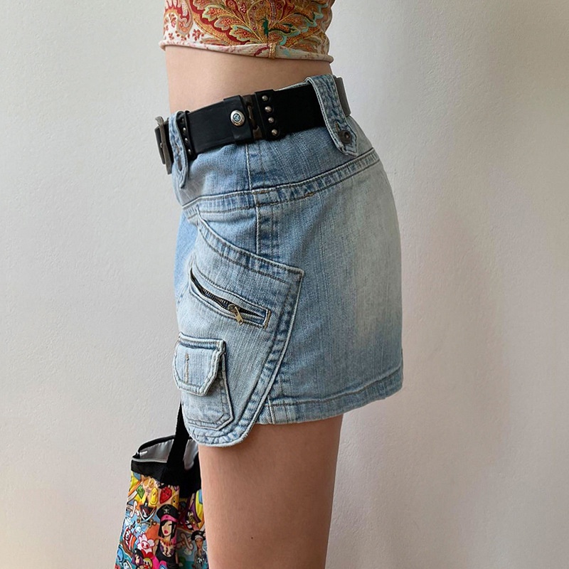Chân váy jean Lưng Cao Phối Khóa Kéo Phong Cách Retro Đường Phố Cá Tính