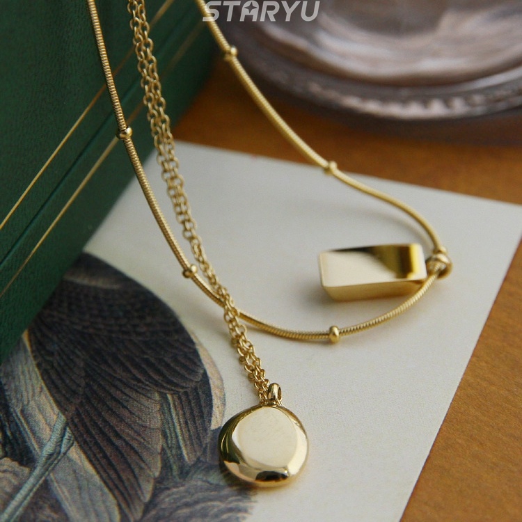 Vòng cổ Thép Titan Mạ Vàng 18K Mặt Hình Hạt Đậu Và Viên Gạch
