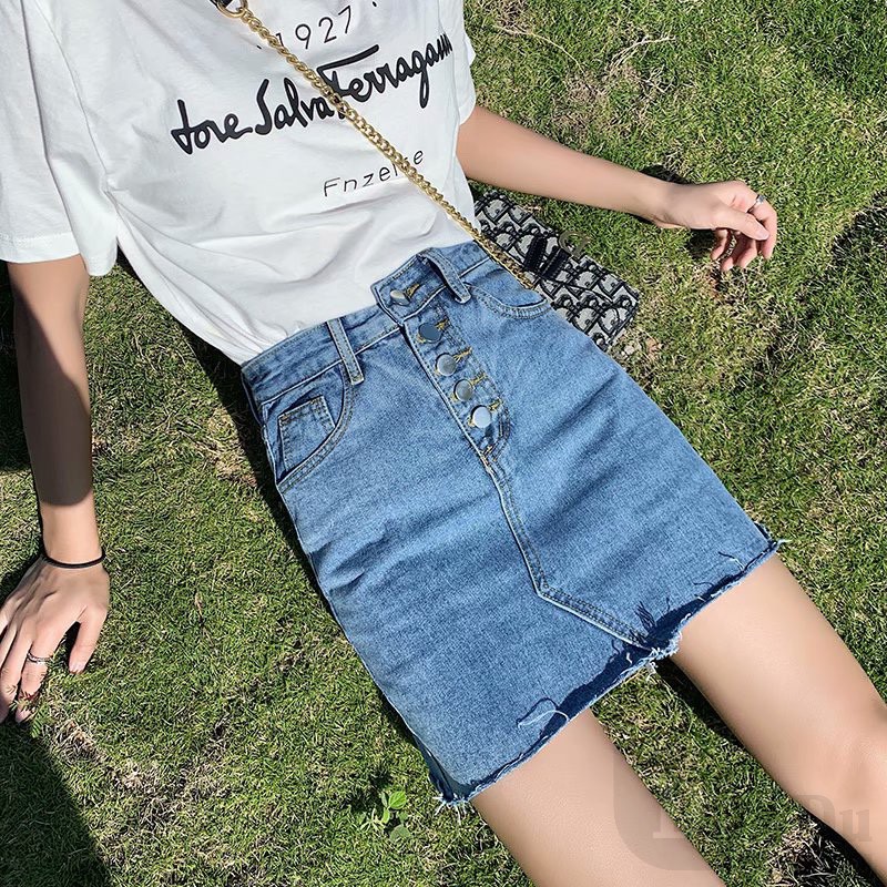 Chân váy jean Chữ A Xếp Ly Lưng Cao Co Giãn Phong Cách Hàn Quốc Mới