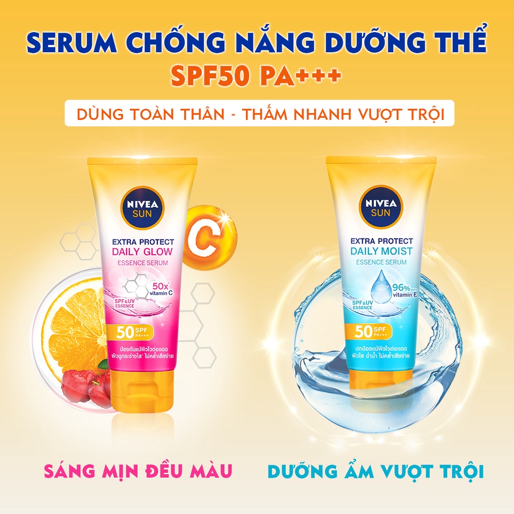 Bộ đôi chống nắng và dưỡng trắng NIVEA từ vitamin C: Serum chống nắng toàn thân  SPF50 PA+++180ml + Dưỡng thể C&amp;E 180ml