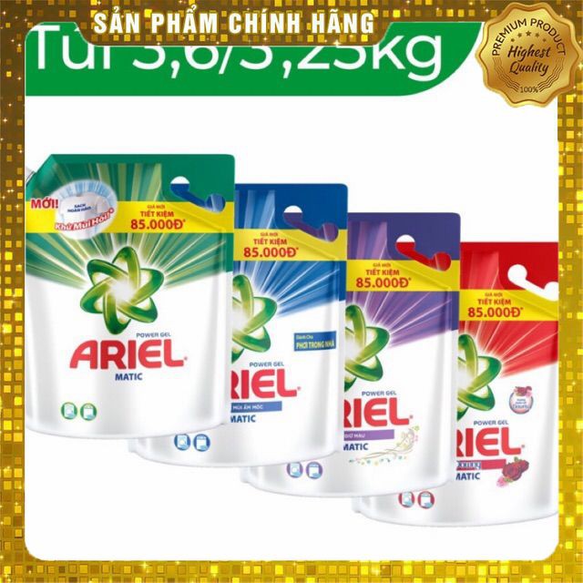 Nước Giặt Ariel Túi Sạch nhanh 3,6kg/ Giữ màu 3,25kg