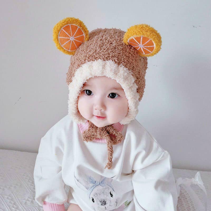 Mũ len lông cừu đính tai hình hoa quả cho bé