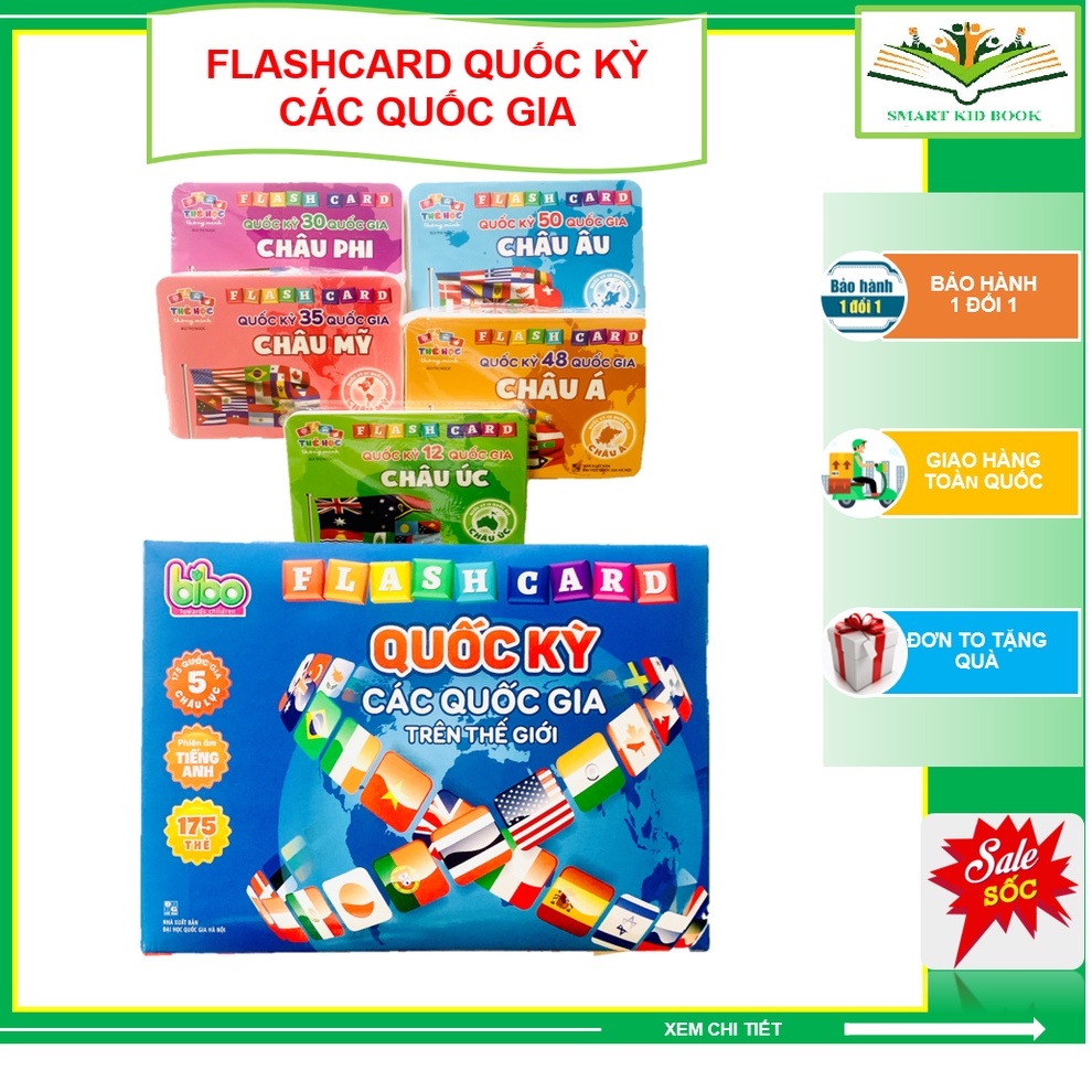 Flash Card Quốc Kỳ Các Quốc Gia Trên Thế Giới - Bộ thẻ học cờ các nước 5 châu lục = 175 thẻ (hộp xanh to)